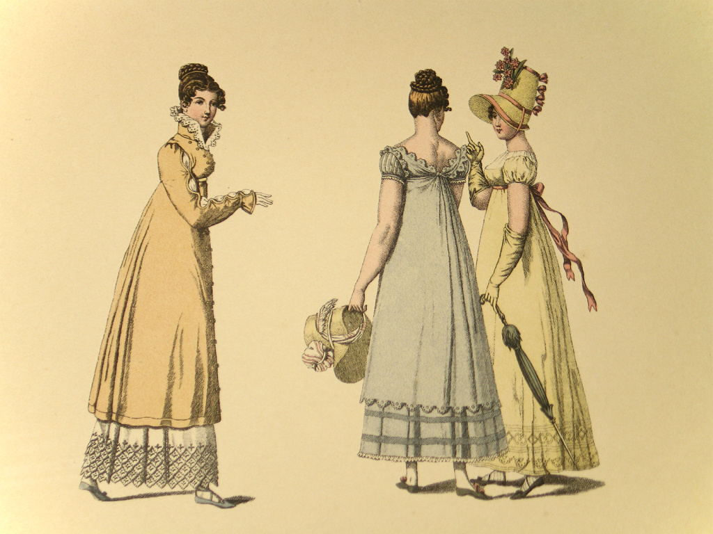 Винтажная картинка XIX века &laquo;Три девушки в модных платьях&raquo;